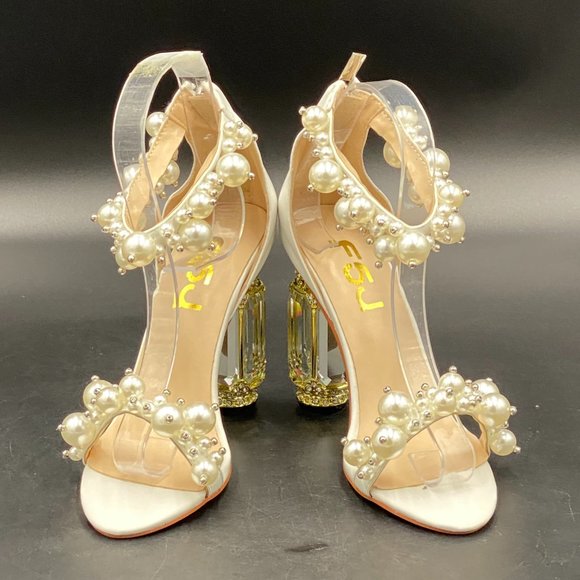 FSJ Ivory Pearl Open Toe Ankle Strap Chunky Crystal High Heels Prom Sandal. - Picture 3 of 9